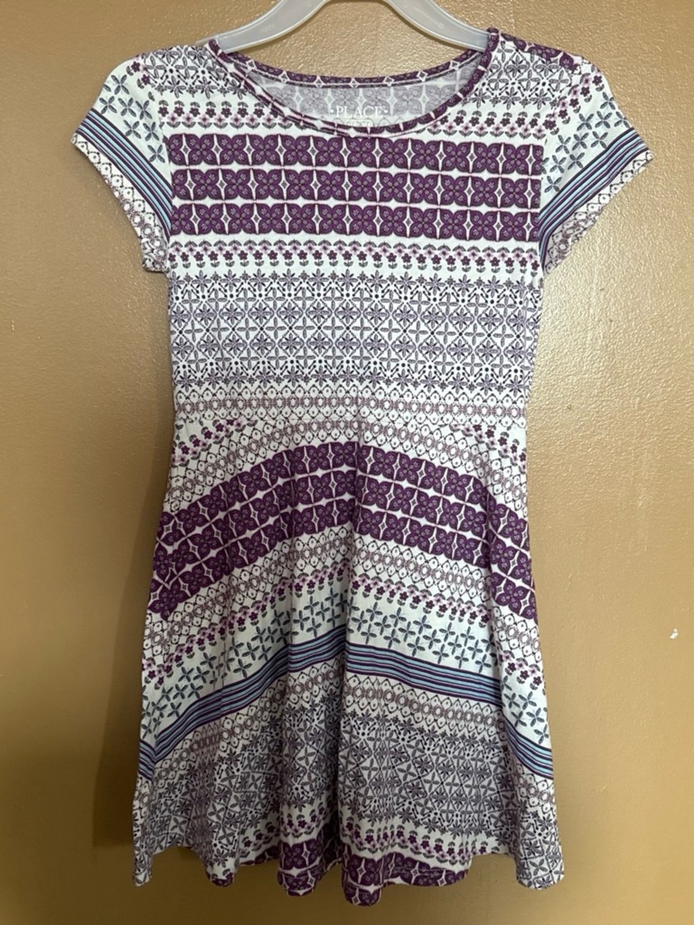 Place Girls' Purple & White Patterned Short-Sleeve Dress